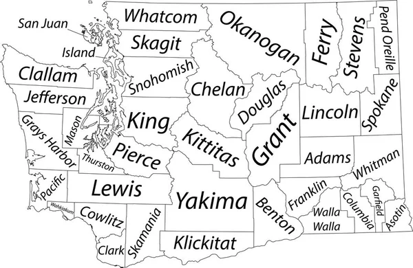 米国ワシントン連邦州の白いベクトル管理マップ 黒の境界線とその郡の名前タグ — ストックベクタ