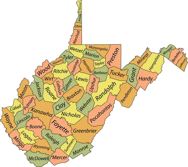 Pastel Vector Mapa Administrativo Del Estado Federal Virginia Occidental Con — Vector de stock