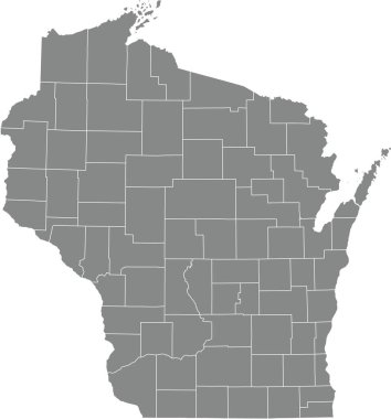 Gray vector administrative map of the Federal State of Wisconsin, USA with white borders of its counties clipart