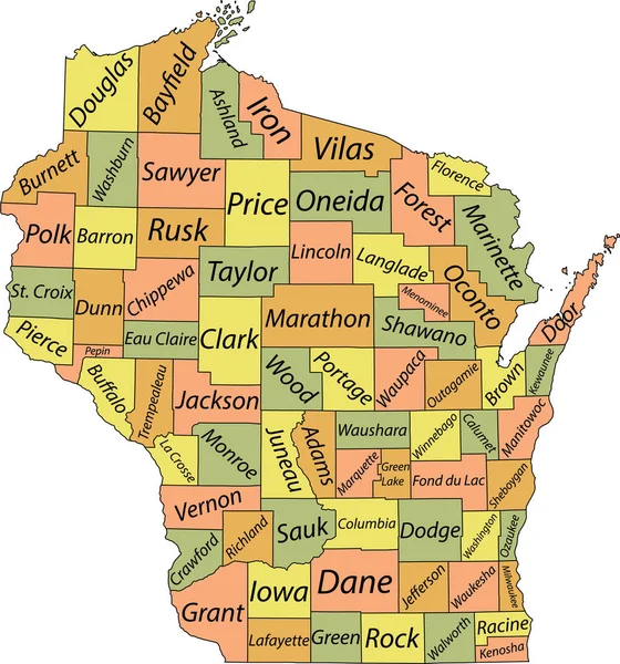 Pastelová Vektorová Administrativní Mapa Spolkového Státu Wisconsin Usa Černými Hranicemi — Stockový vektor