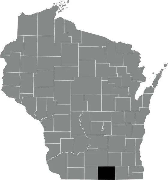 米国ウィスコンシン州の灰色の行政地図の中のロック郡の黒いハイライトされた場所の地図 — ストックベクタ