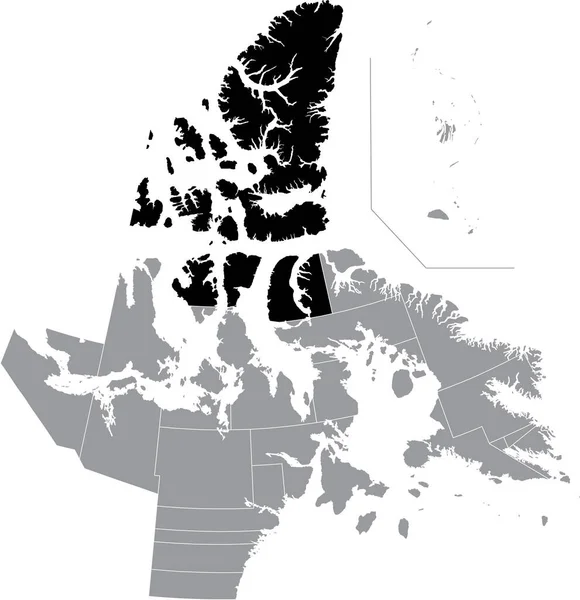カナダのヌナヴートの領土選挙区の灰色の行政地図の中のQuttiktuq地区の黒いフラット空白の強調表示された場所マップ — ストックベクタ