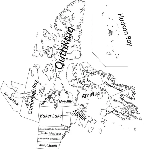 加拿大领土Nunavut Canada的领土选举区白色平面矢量行政地图 其边界为黑色 各地区有名称标识 — 图库矢量图片