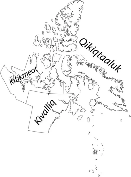 加拿大领土Nunavut和Canada的白色平面矢量行政地图 附有黑色边界线及其各地区的名称标签 — 图库矢量图片