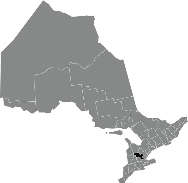 カナダのオンタリオ州の灰色の行政地図の中のウェリントン郡の黒い平らな空の強調表示された場所の地図 — ストックベクタ