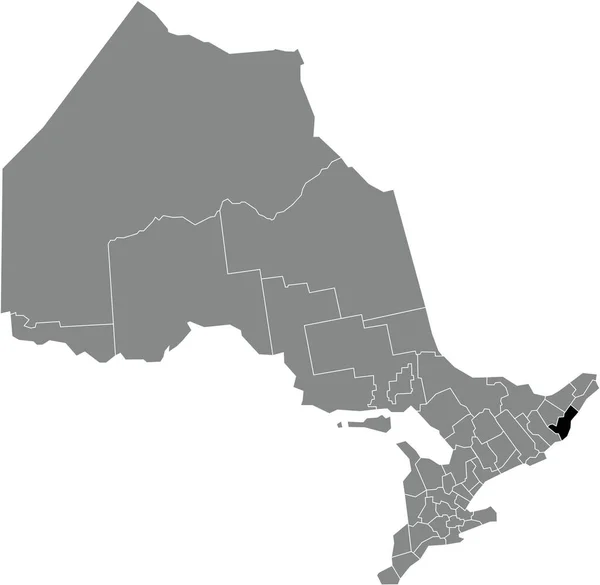 カナダのオンタリオ州の灰色の行政地図の中にあるUncounties Leeds Grenvilleの黒いフラットブランクハイライトされた場所マップ — ストックベクタ