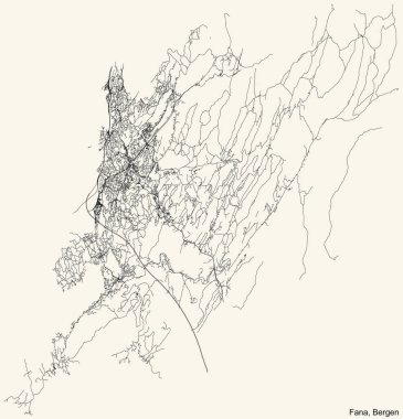 Detailed navigation black lines urban street roads map  of the quarter FANA BOROUGH  of the Norwegian regional capital city of Bergen, Norway on vintage beige background