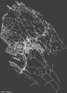 Detailed negative navigation white lines urban street roads map  of the quarter SANE BOROUGH  of the Norwegian regional capital city of Bergen, Norway on dark gray background