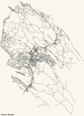 Detailed navigation black lines urban street roads map  of the quarter SANE BOROUGH  of the Norwegian regional capital city of Bergen, Norway on vintage beige background