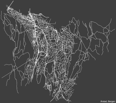 Detailed negative navigation white lines urban street roads map  of the quarter RSTAD BOROUGH  of the Norwegian regional capital city of Bergen, Norway on dark gray background