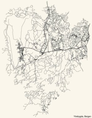 Detailed navigation black lines urban street roads map  of the quarter YTREBYGDA BOROUGH  of the Norwegian regional capital city of Bergen, Norway on vintage beige background