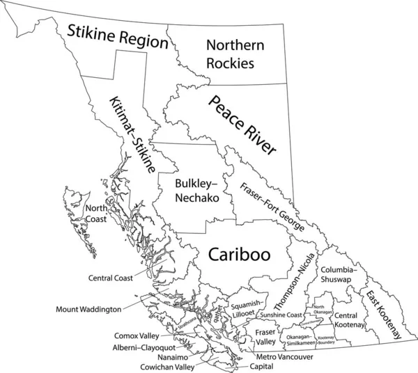 黒の境界線とその地域の名前のタグを持つカナダのブリティッシュ コロンビア州の白いフラットベクトル管理マップ — ストックベクタ
