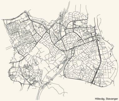 Detailed navigation black lines urban street roads map  of the quarter HILLEVG BOROUGH of the Norwegian regional capital city of Stavanger, Norway on vintage beige background