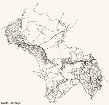 Detailed navigation black lines urban street roads map  of the quarter MADLA BOROUGH of the Norwegian regional capital city of Stavanger, Norway on vintage beige background