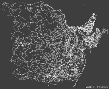Detailed negative navigation white lines urban street roads map  of the quarter MIDTBYEN BOROUGH of the Norwegian regional capital city of Trondheim, Norway on dark gray background
