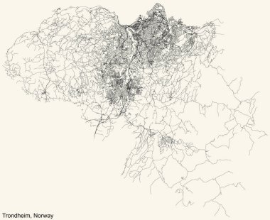 Detailed navigation black lines urban street roads map of the Norwegian regional capital city of TRONDHEIM, NORWAY on vintage beige background