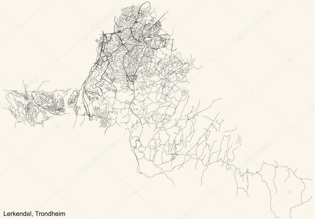 Detailed navigation black lines urban street roads map  of the quarter LERKENDAL BOROUGH of the Norwegian regional capital city of Trondheim, Norway on vintage beige background