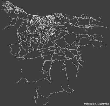 Detailed negative navigation white lines urban street roads map  of the quarter MJNDALEN MUNICIPALITY of the Norwegian regional capital city of Drammen, Norway on dark gray background