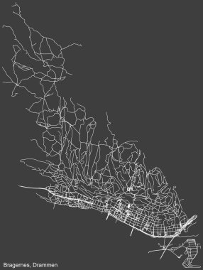 Detailed negative navigation white lines urban street roads map  of the quarter BRAGERNES MUNICIPALITY of the Norwegian regional capital city of Drammen, Norway on dark gray background