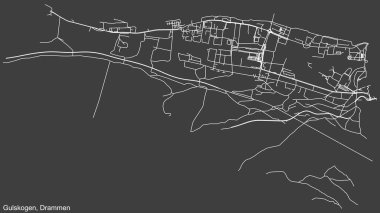 Detailed negative navigation white lines urban street roads map  of the quarter GULSKOGEN MUNICIPALITY of the Norwegian regional capital city of Drammen, Norway on dark gray background