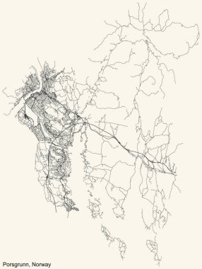 Detailed navigation black lines urban street roads map of the Norwegian regional capital city of PORSGRUNN, NORWAY on vintage beige background