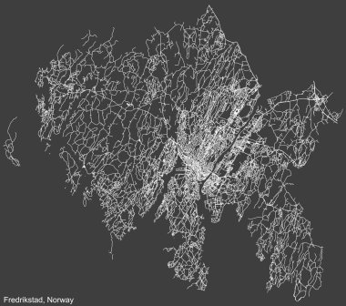 Detailed navigation black lines urban street roads map of the Norwegian regional capital city of FREDRIKSTAD, NORWAY on vintage beige background