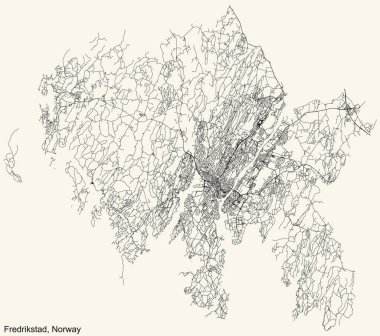 Detailed navigation black lines urban street roads map of the Norwegian regional capital city of FREDRIKSTAD, NORWAY on vintage beige background