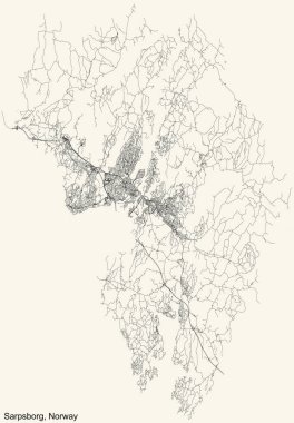 Detailed navigation black lines urban street roads map of the Norwegian regional capital city of SARPSBORG, NORWAY on vintage beige background