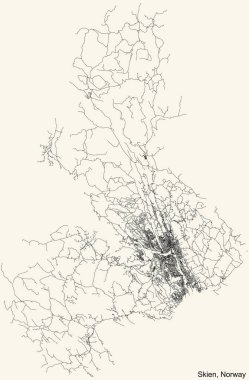 Detailed navigation black lines urban street roads map of the Norwegian regional capital city of SKIEN, NORWAY on vintage beige background