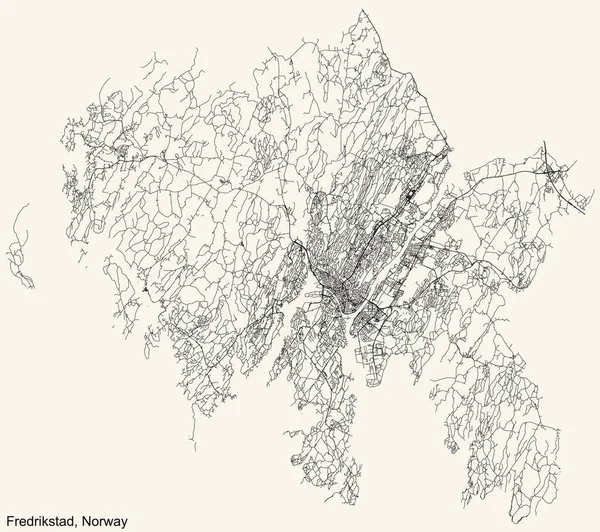 Detailed navigation black lines urban street roads map of the Norwegian regional capital city of FREDRIKSTAD, NORWAY on vintage beige background