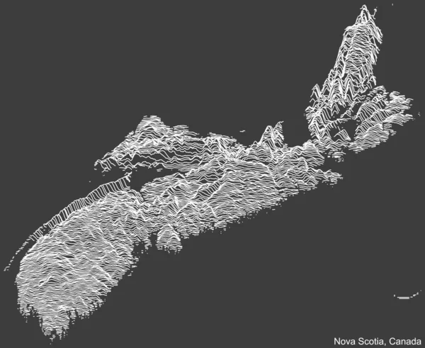カナダのノバスコシア州の地形的負の救済マップ 暗い灰色の背景に白い輪郭線を持つカナダ — ストックベクタ
