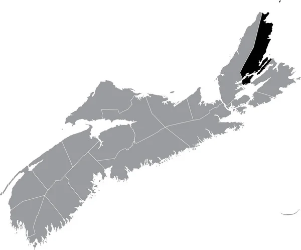 カナダのノバスコシア州の郡の灰色の行政地図の中のビクトリア郡の黒い平らな空の強調表示された場所の地図 — ストックベクタ