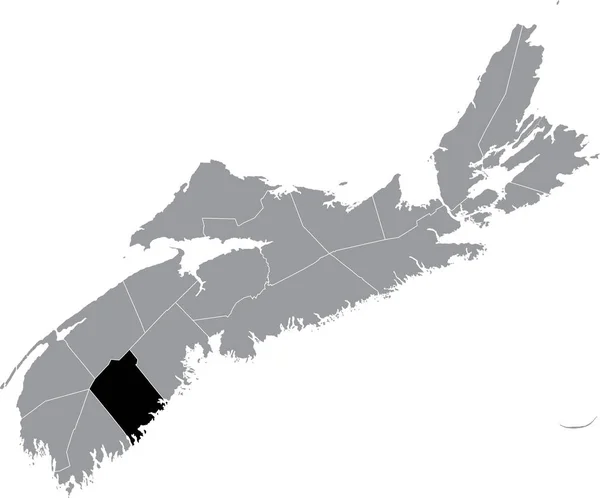 カナダのノバスコシア州の郡の灰色の行政地図の中のクイーンズ郡の黒い平らな空のハイライトされた場所の地図 — ストックベクタ