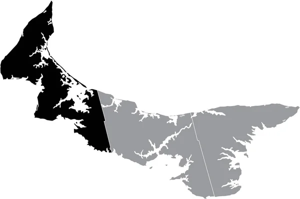 カナダのプリンスエドワード島のカナダ州の郡の灰色の行政地図の中のプリンス郡の黒いフラットブランク強調表示された場所の地図 — ストックベクタ