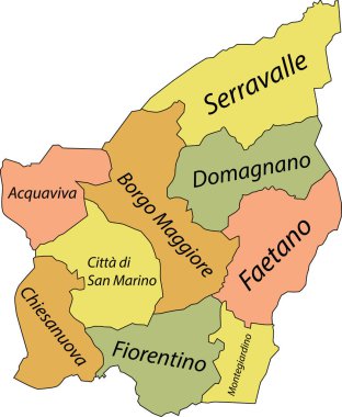 Siyah sınır çizgileri ve belediyelerinin isim etiketleriyle SAN MARINO belediyelerinin düz vektör idari haritası