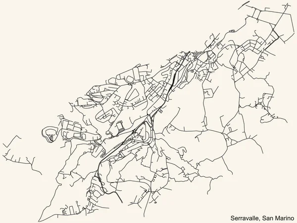 圣马力诺共和国旧式米色背景的Serravalle Municipality的详细导航黑线城市街道路线图 — 图库矢量图片