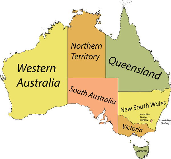 Pastel vector administrative map of AUSTRALIA with black border lines and name tags of its states and territories