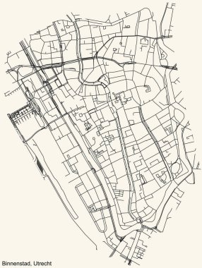 Hollanda 'nın bölgesel başkenti Utrecht, Hollanda' nın BINNENSTAD QuARTER bölgesinin klasik bej arkaplan üzerindeki şehir caddelerinin ayrıntılı navigasyon siyah çizgileri