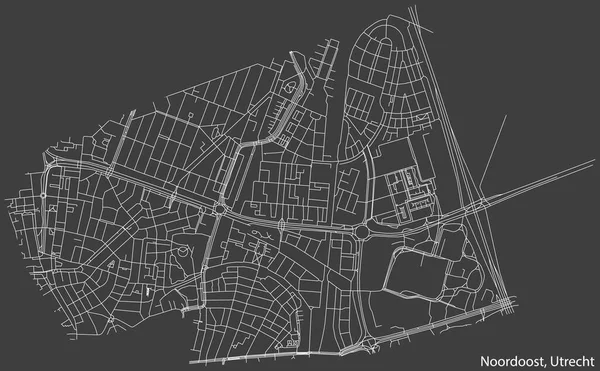 荷兰乌得勒支地区首府Noordoost Quarter城市街道路线图 深灰色背景 详细的负导航白线 — 图库矢量图片