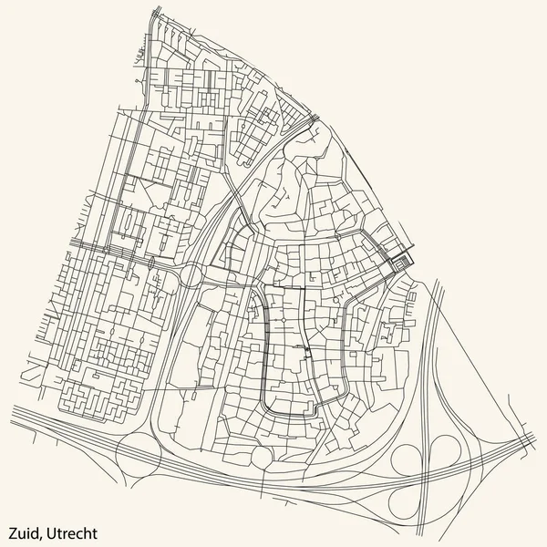 Navegação Detalhada Black Lines Urban Street Roads Mapa Zuid Quarter — Vetor de Stock