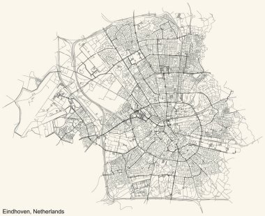 Hollanda 'nın başkenti EINDHOVEN, NETHERLANDS' ın klasik bej arka plan üzerindeki kentsel sokak haritasının ayrıntılı navigasyon siyah hatları