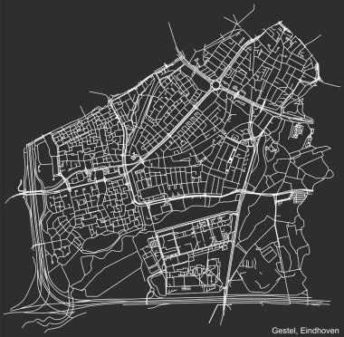 Hollanda 'nın bölgesel başkenti Eindhoven, Hollanda' nın GESTEL DISTRICT kentsel yol haritası koyu gri arkaplan üzerinde ayrıntılı negatif navigasyon beyaz çizgileri