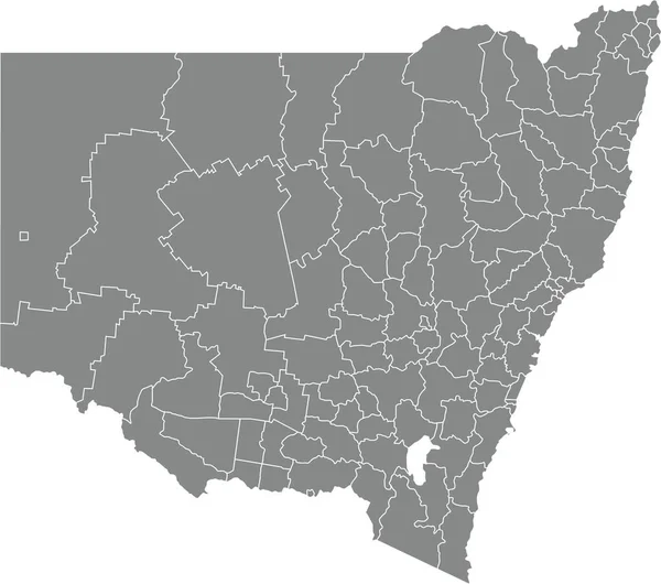 オーストラリアのニューサウスウェールズ州 その地域の白い境界線とオーストラリアの地方自治体の地域の灰色のフラットブランクベクトル管理マップ — ストックベクタ
