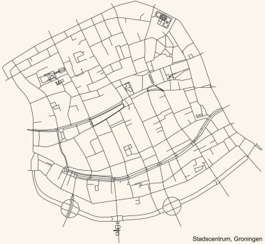 Hollanda 'nın bölgesel başkenti Groningen, Hollanda' nın STADSCENTRUM NeIGHBORHOOD kentinin klasik bej arkaplan üzerindeki kentsel yol haritasının ayrıntılı navigasyon siyah hatları