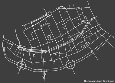 Hollanda 'nın bölgesel başkenti Groningen, Hollanda' nın BINNENSTAD-ZUID NeIGHBORHOOD 'un koyu gri arka plan üzerinde yer alan beyaz yol çizgileri