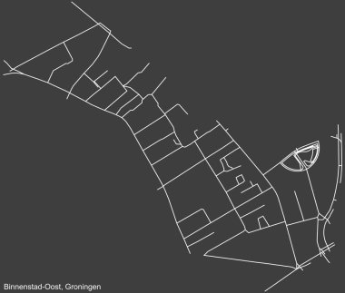 Hollanda 'nın bölgesel başkenti Groningen, Hollanda' nın BINNENSTAD-OOST NeIGHBORHOOD 'un koyu gri arkaplan üzerindeki şehir caddeleri haritası