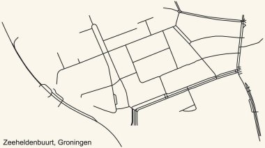 Hollanda 'nın bölgesel başkenti Groningen, Hollanda' nın ZEEHELDENBUURT Mahallesi 'nin klasik bej arka plan haritası üzerinde ayrıntılı navigasyon siyah çizgileri