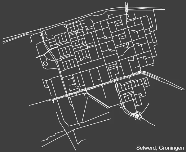 Подробная Негативная Навигация Белые Линии Городских Улиц Карта Selwerd Neighborhood — стоковый вектор