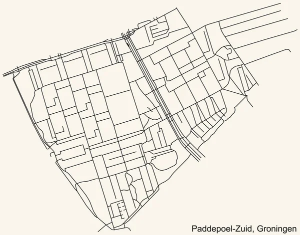Navegación Detallada Black Lines Urban Street Roads Map Paddepoel Zuid — Vector de stock