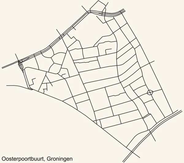 Gedetailleerde Navigatie Zwarte Lijnen Stedelijke Stratenkaart Van Het Oosterpoortbuurt Neighborhood — Stockvector